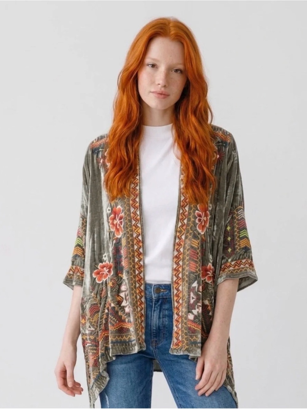 Johnny Was Charcoal Velvet Open-Front Kimono with Red & White Floral Embroidery